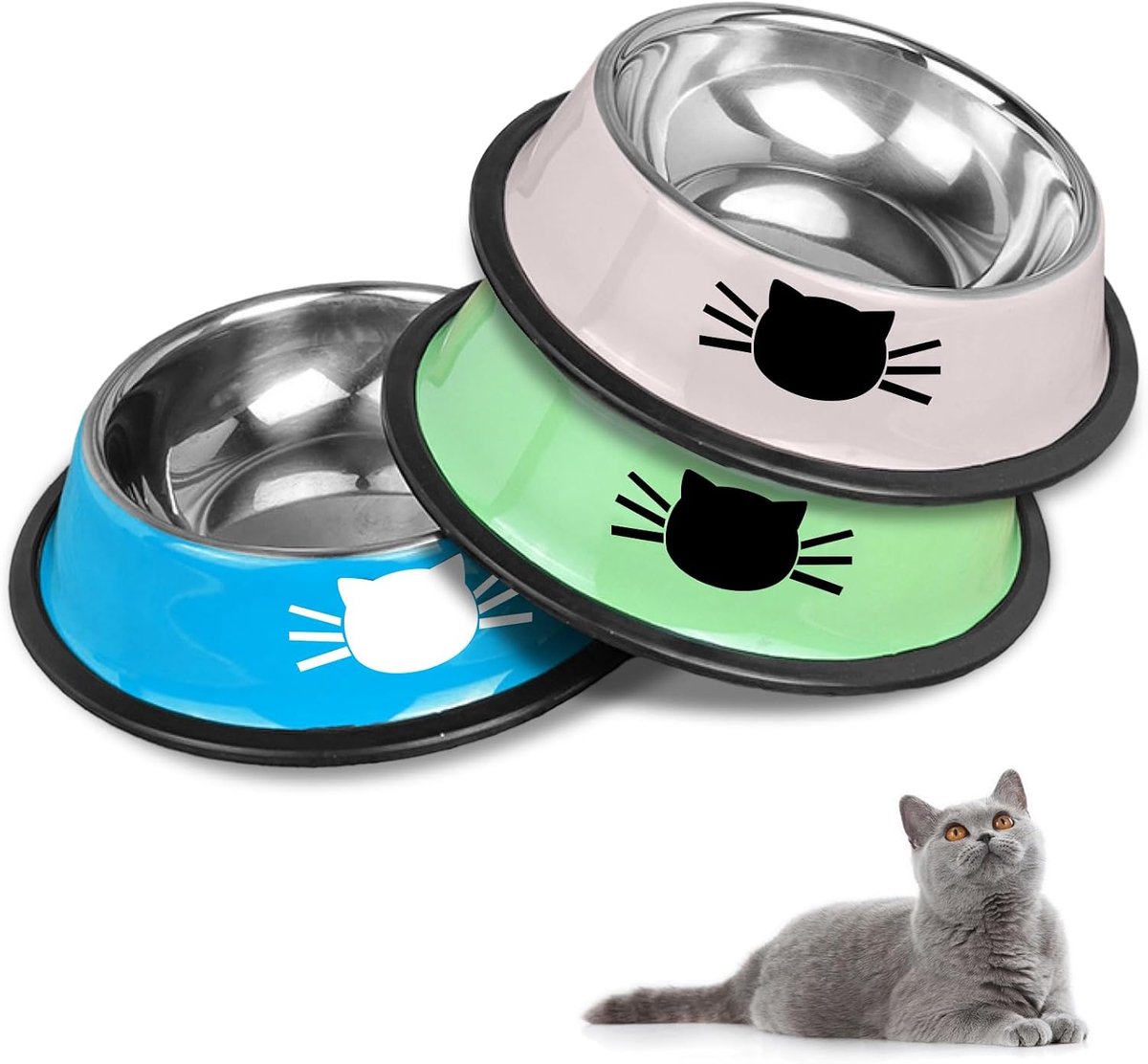 Antislip kattenbakken van roestvrij staal, kattenvoerbakken, kattendrinkbakken, grote bakken voor katten en drinkbakken voor huisdieren (blauw + groen + grijs)