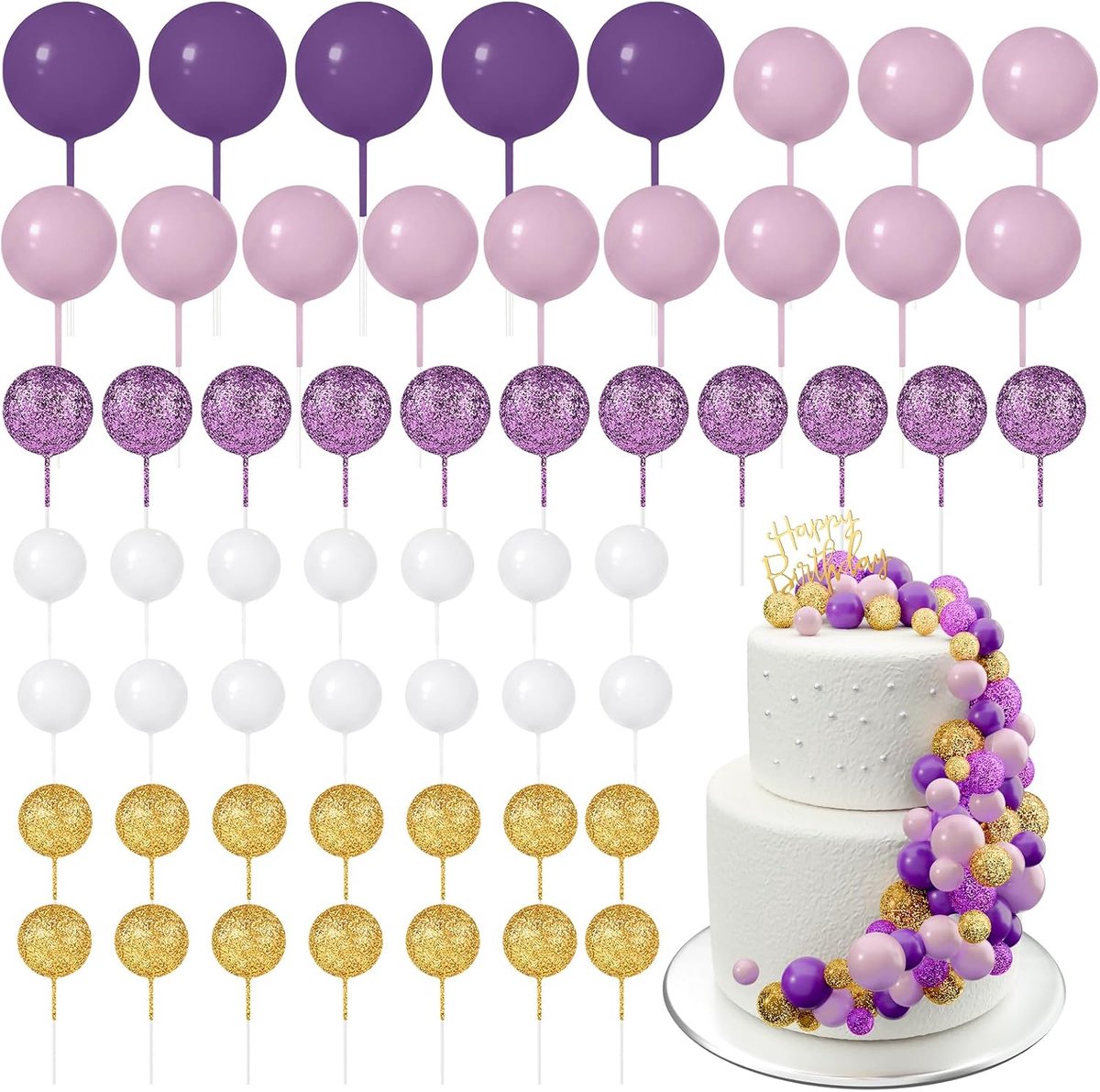 60 stukken, taarttoppers, mini-ballonnen, verjaardag, feest, babyshower (glitter lila serie)