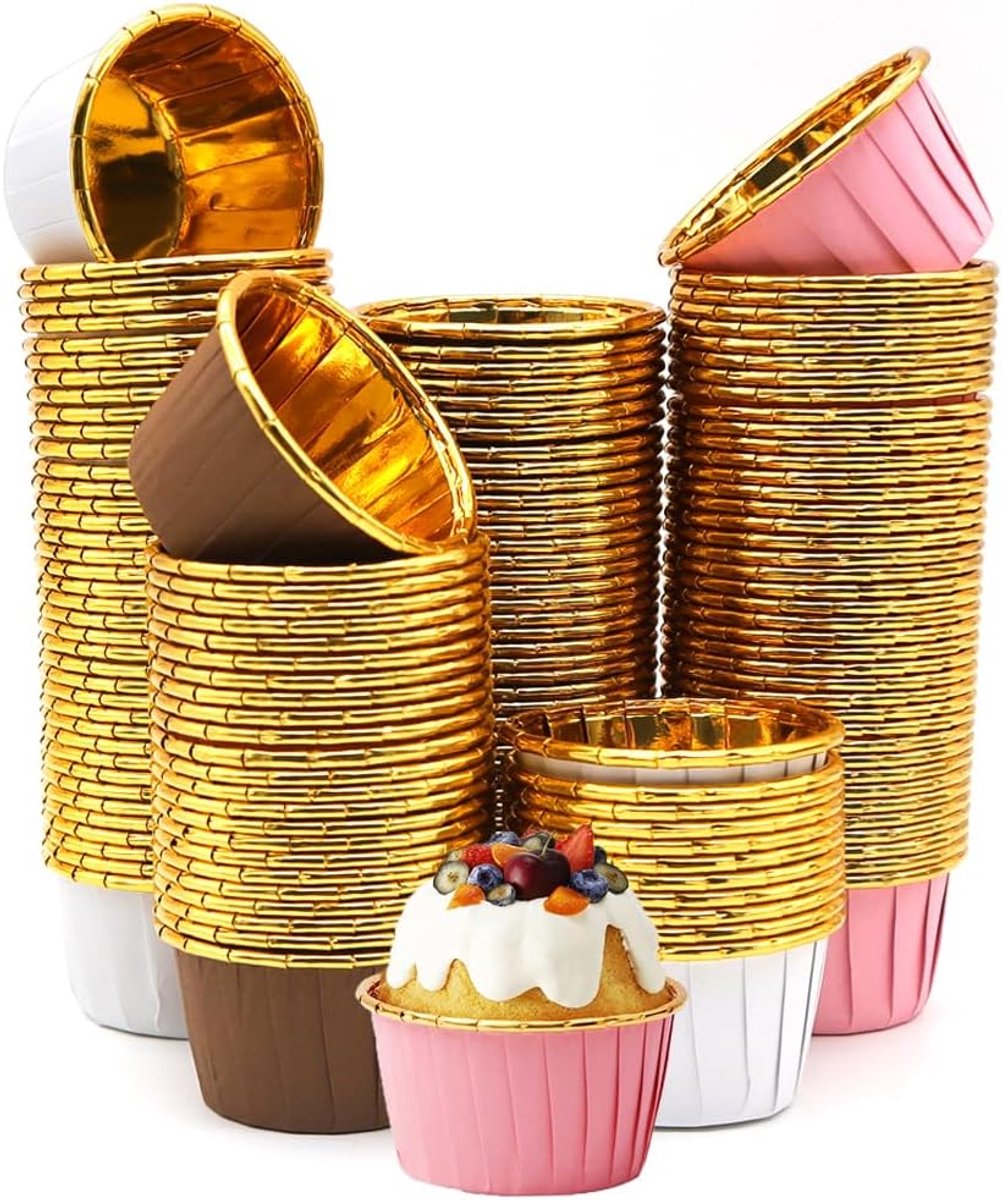 Papier, 150 stuks, cupcake-vormpjes, oliebestendig, kleine papieren bakvormpjes voor verjaardagsfeest, bruiloft (goud koffie / goud wit / roségoud)