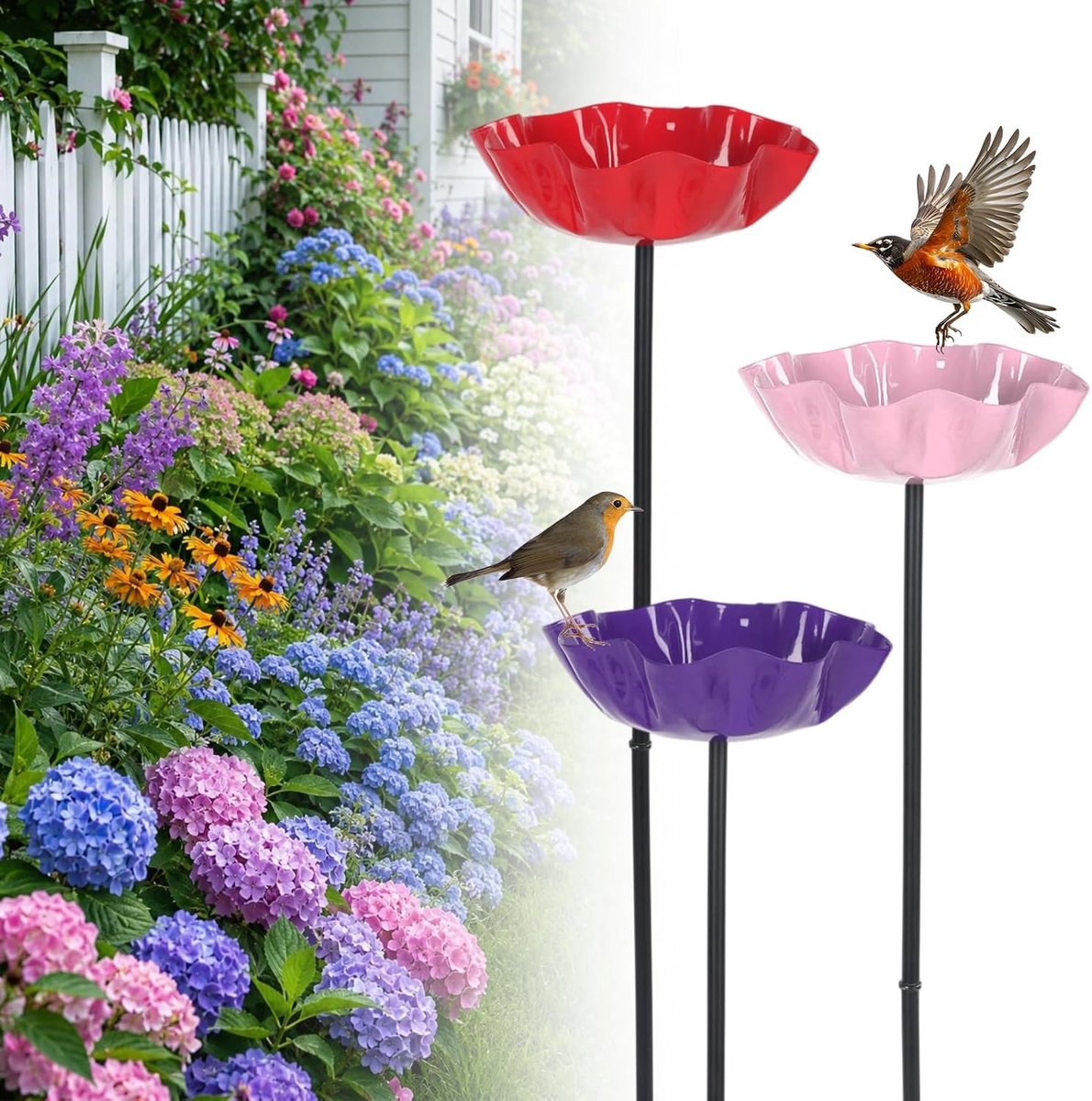3-delige metalen vogelbadset, bloemvormig, met tuinpaal, waterbakje voor insecten en bijen, winterbestendig vogelbad voor tuin, erf en terras