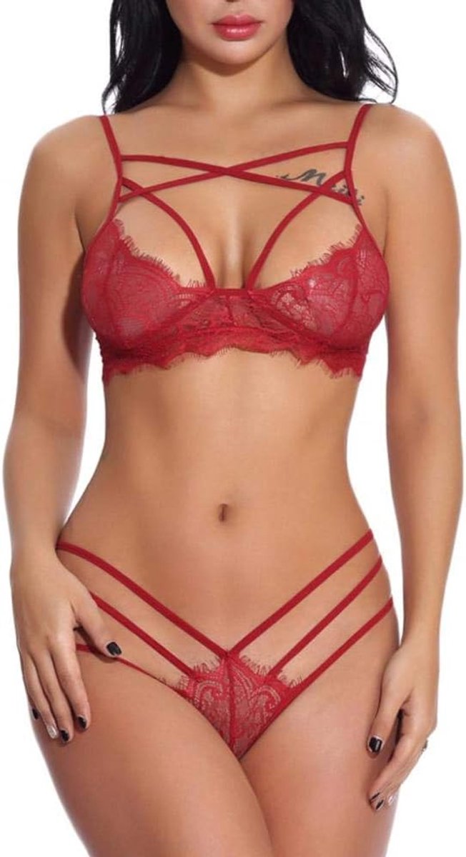 Klassiek Bh set Jarretellegordel en Kous LingerieSexy Lingerie Kanten Bh Set Sexy Bandage Dunne Diepe V-hals Ondergoed Sets Bh Set