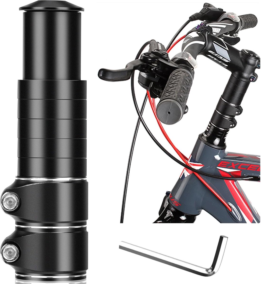 Stuurverhoging, fiets, MTB met zeskantsleutels, fietsstuurverlenging, adapter voor 28,6 mm vork, aluminiumlegering, zwart