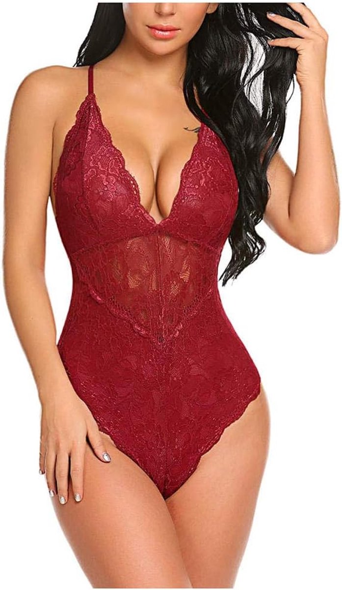 Sets met nachtmode & ochtendjas S-3XL Dames Sexy Lingerie V-hals Kanten Ondergoed set-Wine_XL