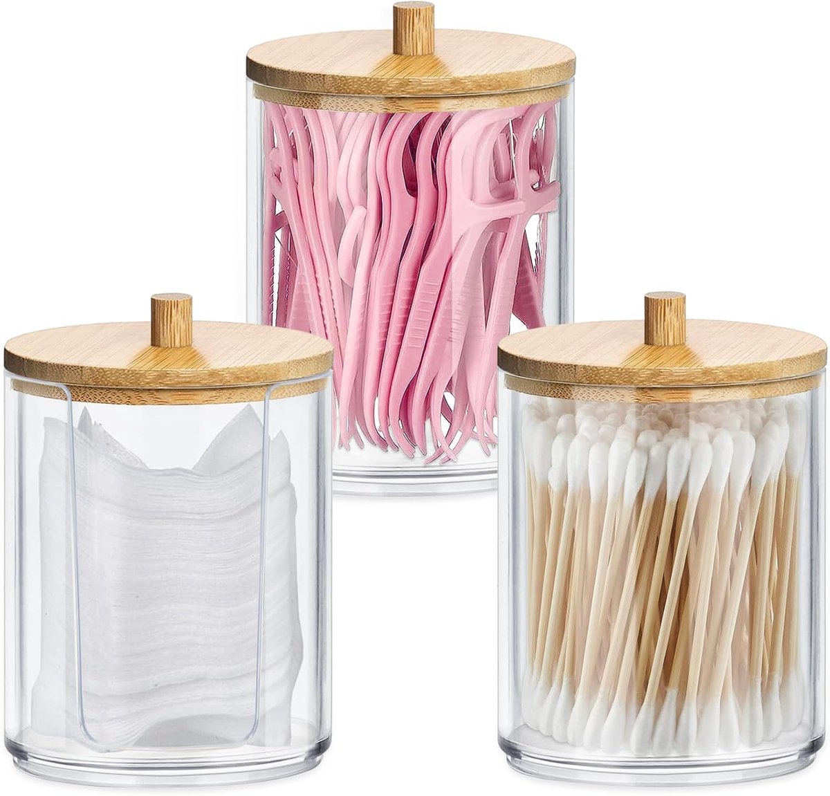 3 stuks Acryl wattenstaafjes houder, wattenschijfjes opbergdoos met bamboe deksels, wattenstaafjes houder, wattenstaafjes bewaardoos, wattenschijfjesdispenser voor woonkamer, slaapkamer