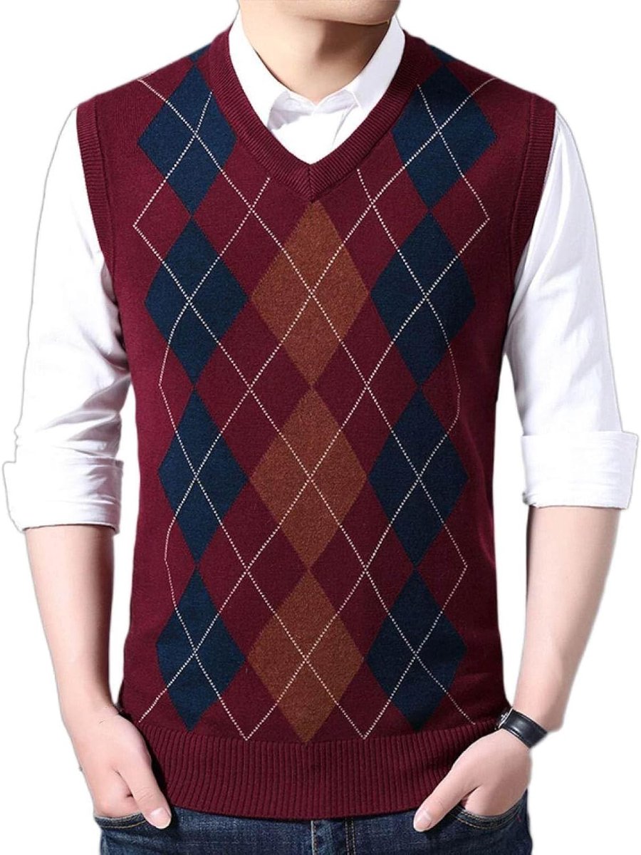 Argyle Mouwloze Trui Met V-Hals, Herfst En Winter Gebreid Herensweatervest, Bijpassende Kleur Van Middelbare Leeftijd Verdikte Casual Heren Gebreide Trui Tanktops, Wijnrood, S