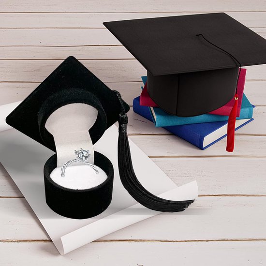2-delige doktersmuts juwelendoos, afstudeercadeau doos afstudeerfeest cadeau doktershoed uniek ring doos voor afstuderen, afstudeerfeest, bruiloft, verjaardag, feestdag (Zwart, 6x6x3,7 cm) — afbeelding 5