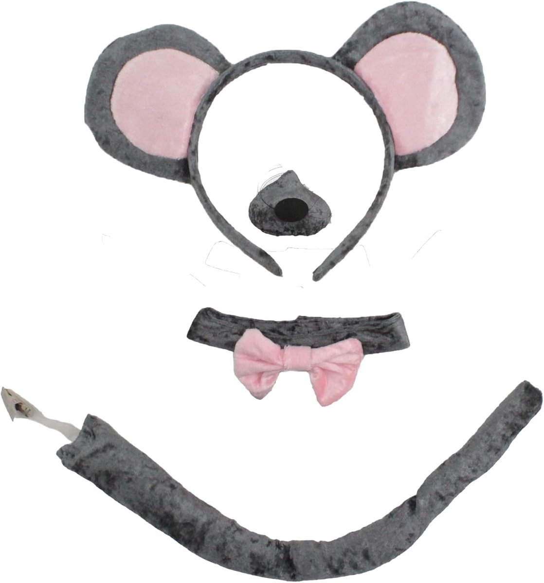 Kostuumset, grijs, voor volwassenen, eenheidsmaat, oorneus, staart, verkleedkleding voor Holloween, carnaval