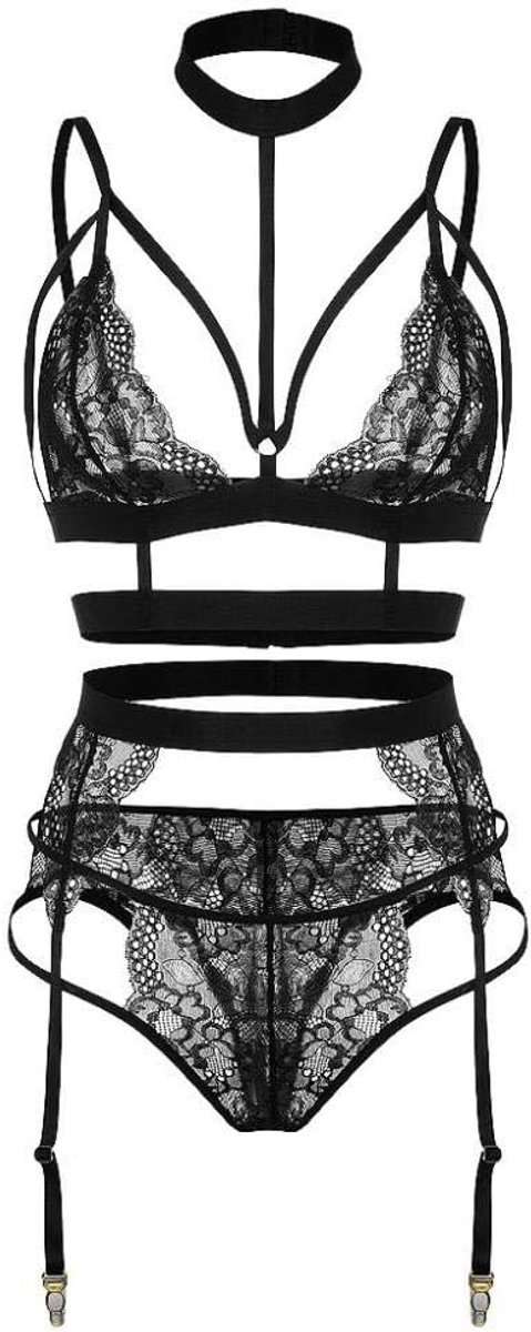 Erotische Vrouwelijke Lingerie Kanten Beha Kousenband Slips Set Transparante Porno Verleiding Mesh Sexy Dames Nachtkleding