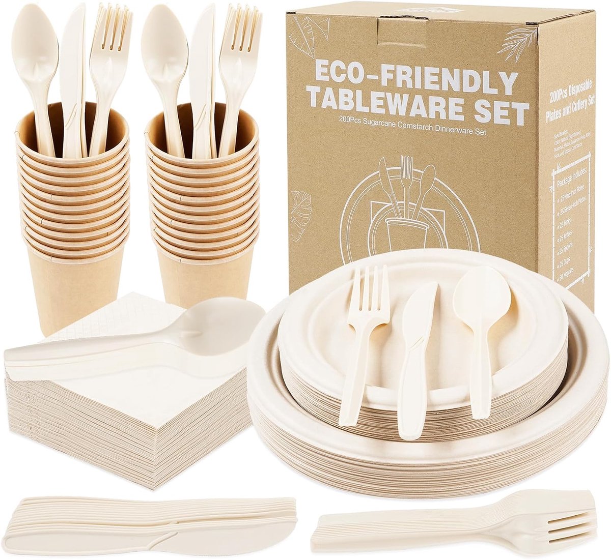 200 stuks papieren borden, bekers en bestek, borden, bekers en servetten, feestservies, bruilofts- en picknickset, inclusief bord, lepel, vork, mes, drinkbekers, servetten