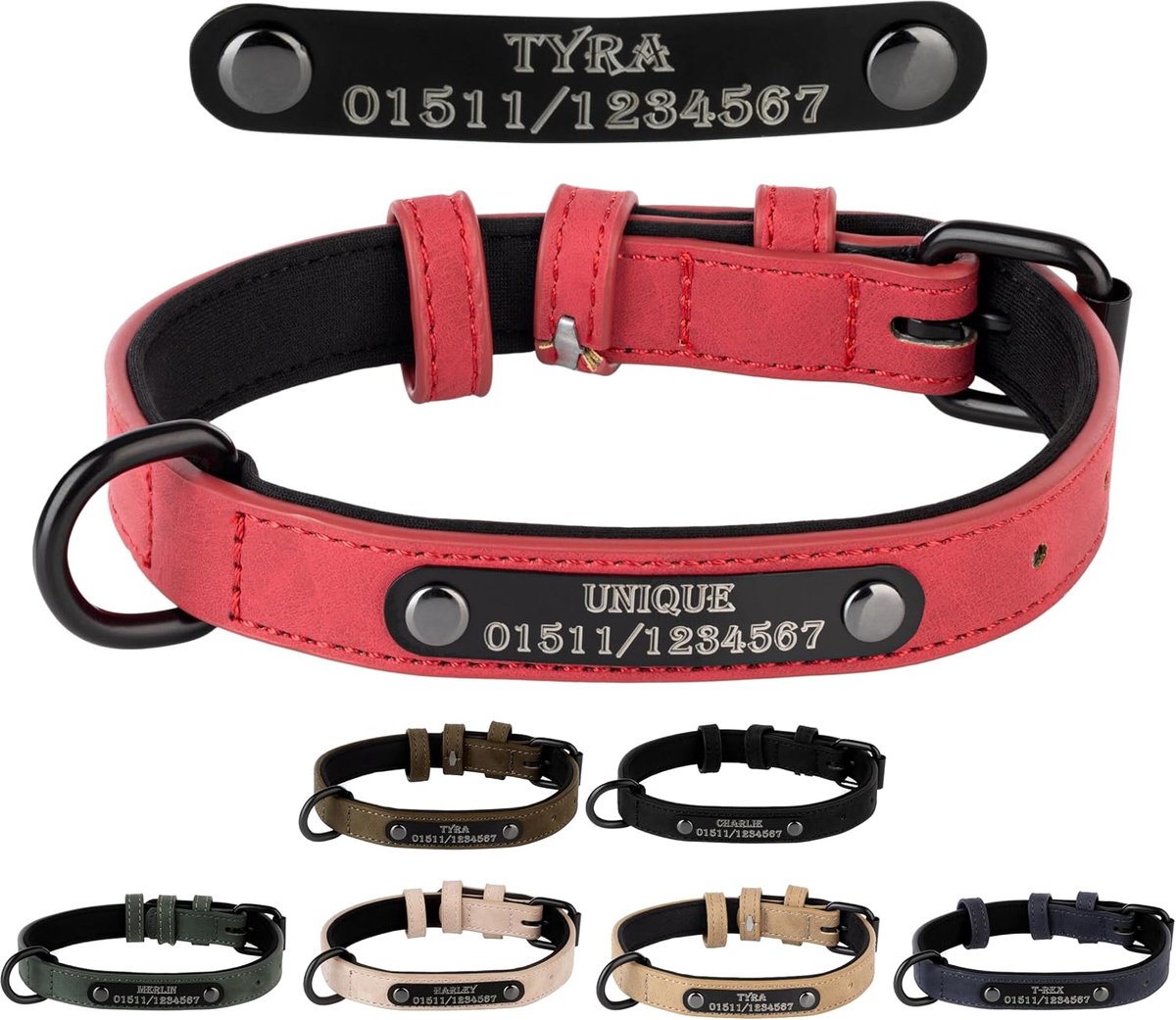 Halsband naam gravure gepersonaliseerd huisdier hond kat leer (rood, L)