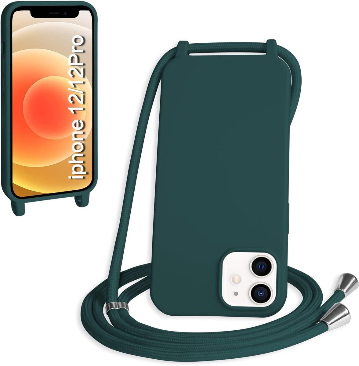 Telefoonhoesje met koord, compatibel met iPhone 12/iPhone 12 Pro, hoes met koord, siliconen koord, beschermhoes met koord, tas, case, TPU bumper, donkergroen