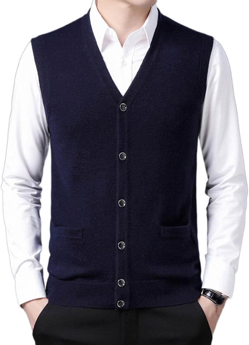 Vest Met V-Hals, Gebreid Vest, Herfst En Winter Klassiek Vest Trend Casual Effen Kleur Heren Kasjmier Gemengd Vest, Zakelijk Heren Gebreide Trui Vest Tanktops, Marineblauw, S