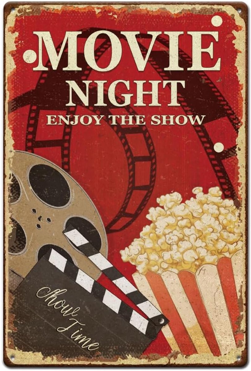 1 stuk vintage metalen tinnen bord 30 x 20 cm retro ijzeren film nachtbord roestige look geniet van de show met popcorn poster voor bioscoop, café, bar, pub, bierclub, muur, woondecoratie
