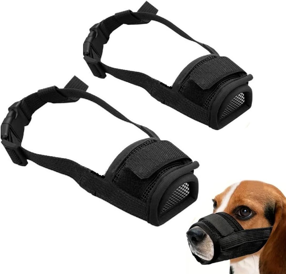 Muilkorf voor honden, zacht, netstof, 2 stuks, maat S en M, zwart, ademend en verstelbaar, voor kleine en middelgrote rassen, voor wandelingen, training en dierenarts