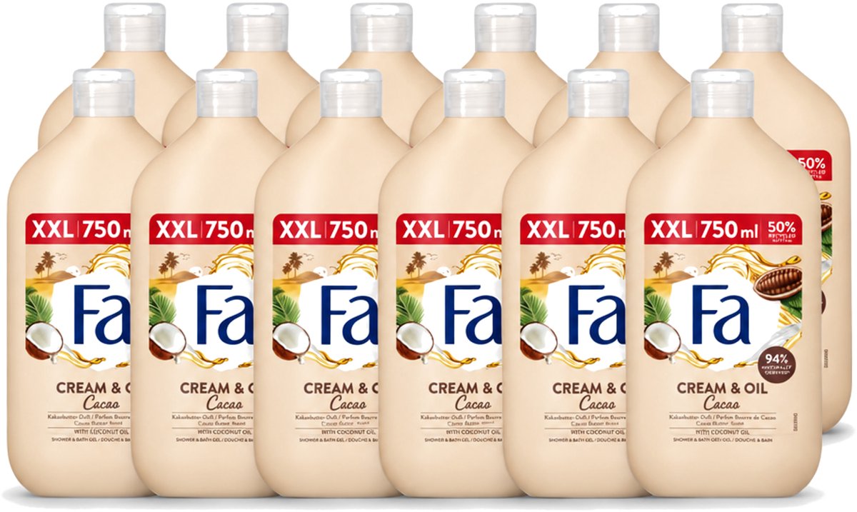 12 x Fa - Cream & Oil Cacao - Bad- & Douchegel - Cacaoboter Met Kokosolie - 750 ml - Voordeelverpakking - 12 stuks