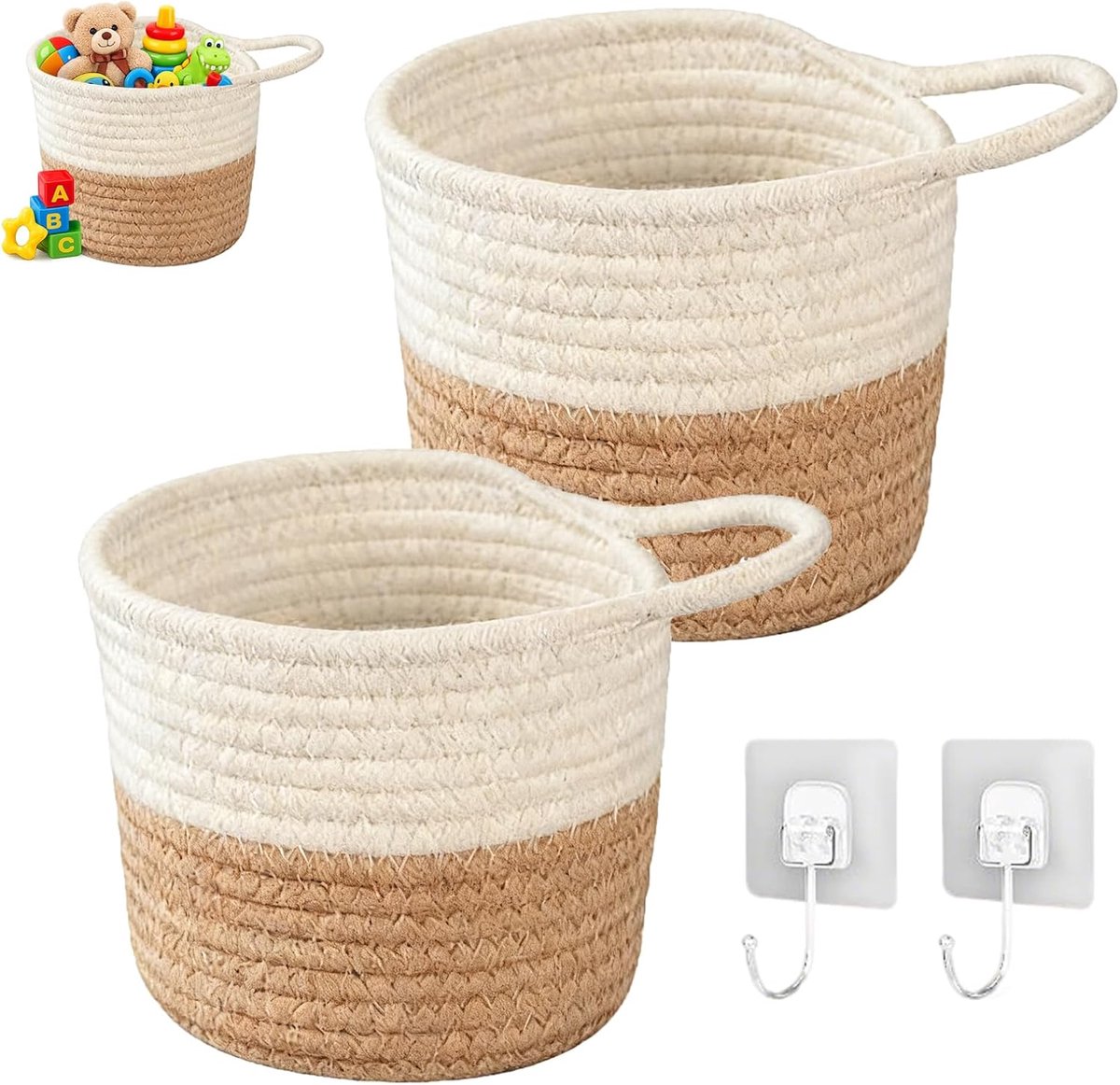 15 x 15 cm hangmand, wandmanden, katoenen touwvlechtwerk met handvat, kleine geweven opbergmand, voor planten, bloempotten, decoratie en opslag in keuken, badkamer, 2 stuks, wit + koffie