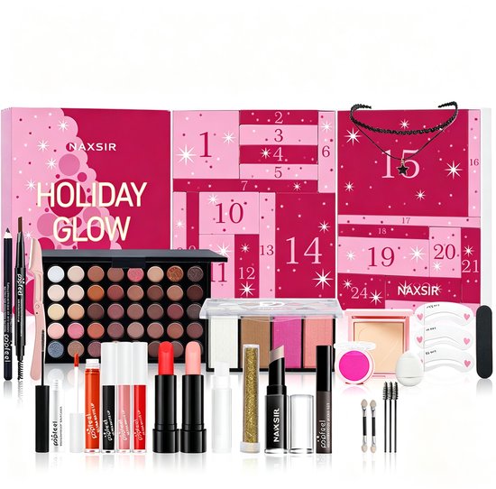 Calendrier de l'Avent NAXSIR HOLIDAY GLOW avec des produits de maquillage : palette d'ombres à paupières, gloss, rouges à lèvres, crayon pour les yeux, blush et lime à ongles.