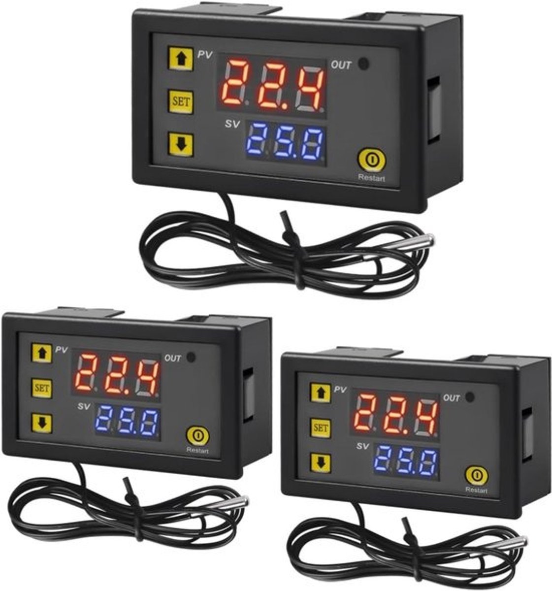 3-pack digitale temperatuurregelaar - DC 12 V - -20 °C tot 100 °C - lcd-display - waterdichte sensor
