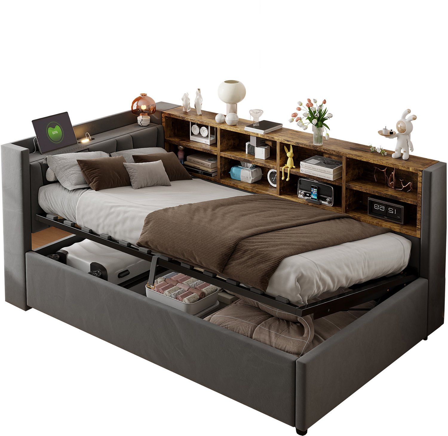 REDOM Gestoffeerd bed 90x200 cm - Hydraulische opbergruimte, nachtlampje en USB - Grijs