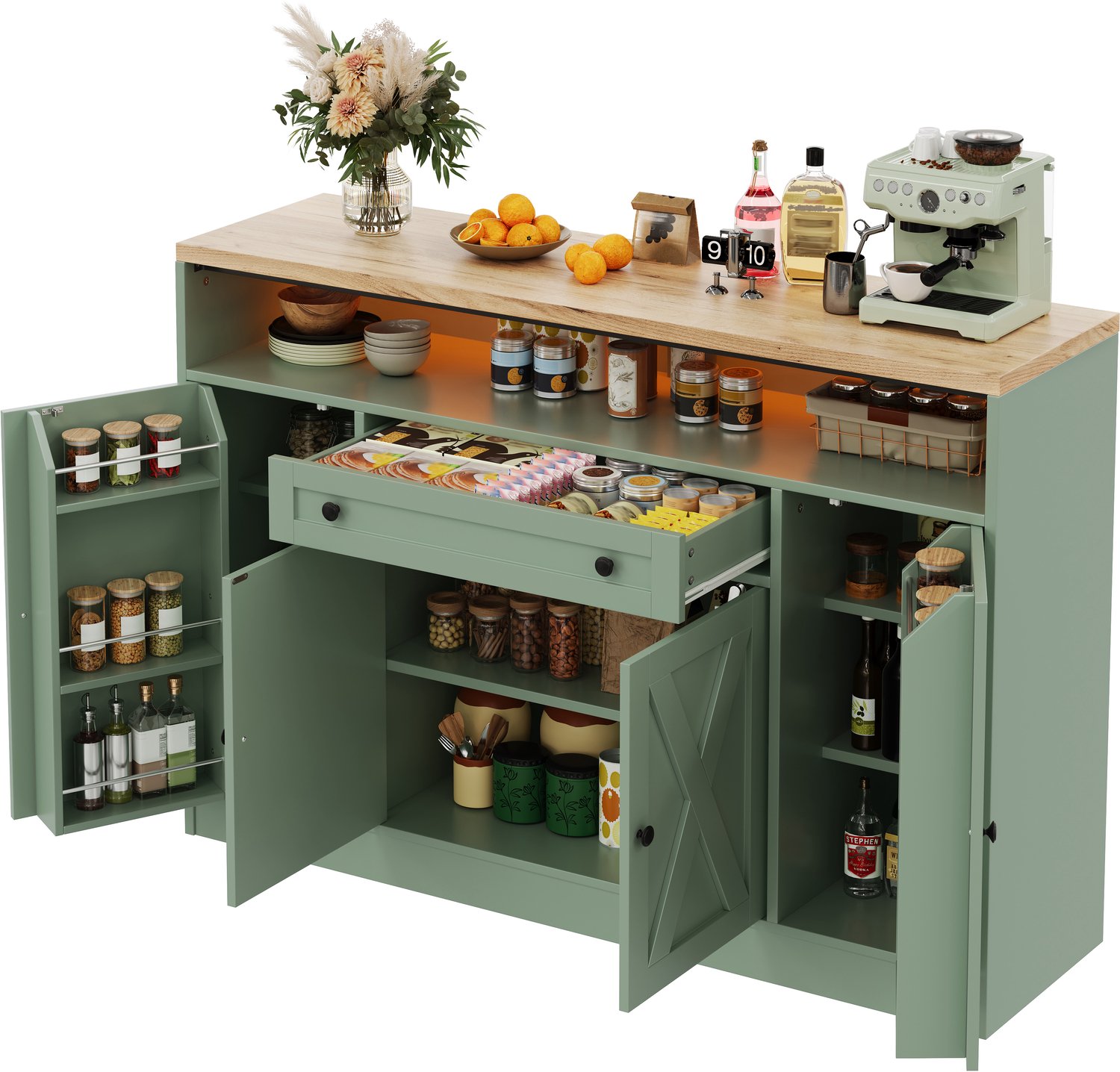 REDOM Dressoir 140 x 35 x 95 cm - Met lade, opbergruimte en RGB-LED-verlichting - Groen