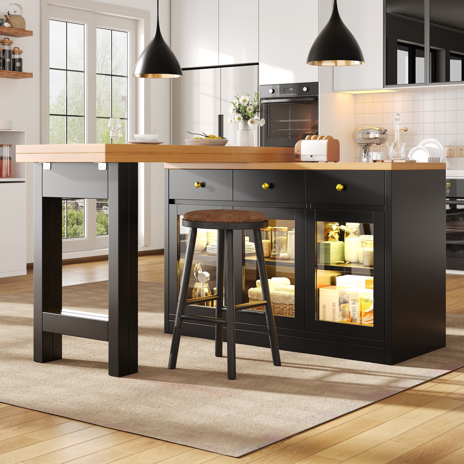 MEUNIQ uitschuifbaar keukeneiland en eettafel 120–200 x 40 x 75,5 cm met 3 lades, 3 kasten met glazen deuren en RGB-ledverlichting met appbediening, zwart