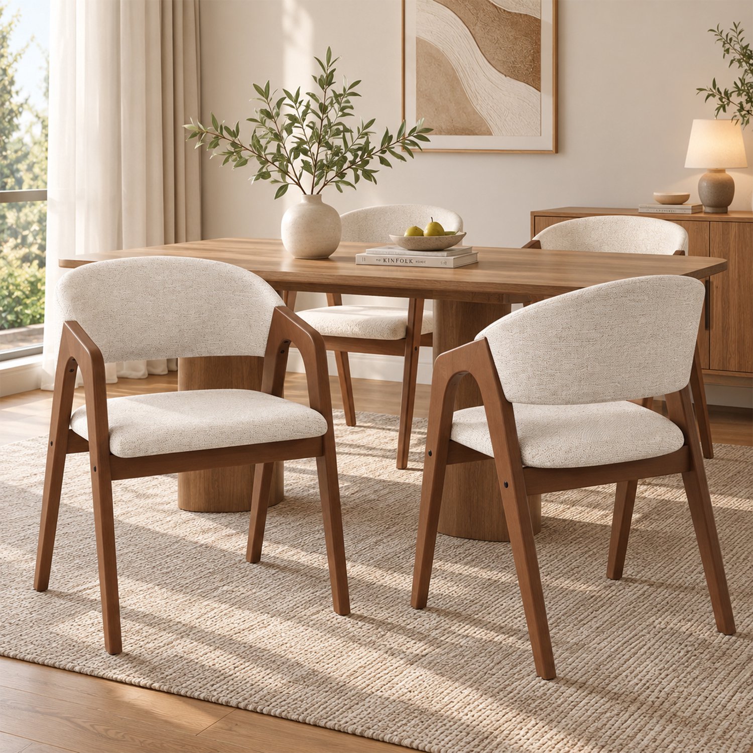 HAUSS SPOLE Eetkamerstoelen - Set van 6 - Met Armleuningen en Zachte Zitting - Voor Eetkamer en Woonkamer - Hout en Linnen - Walnootkleur en Haverbeige