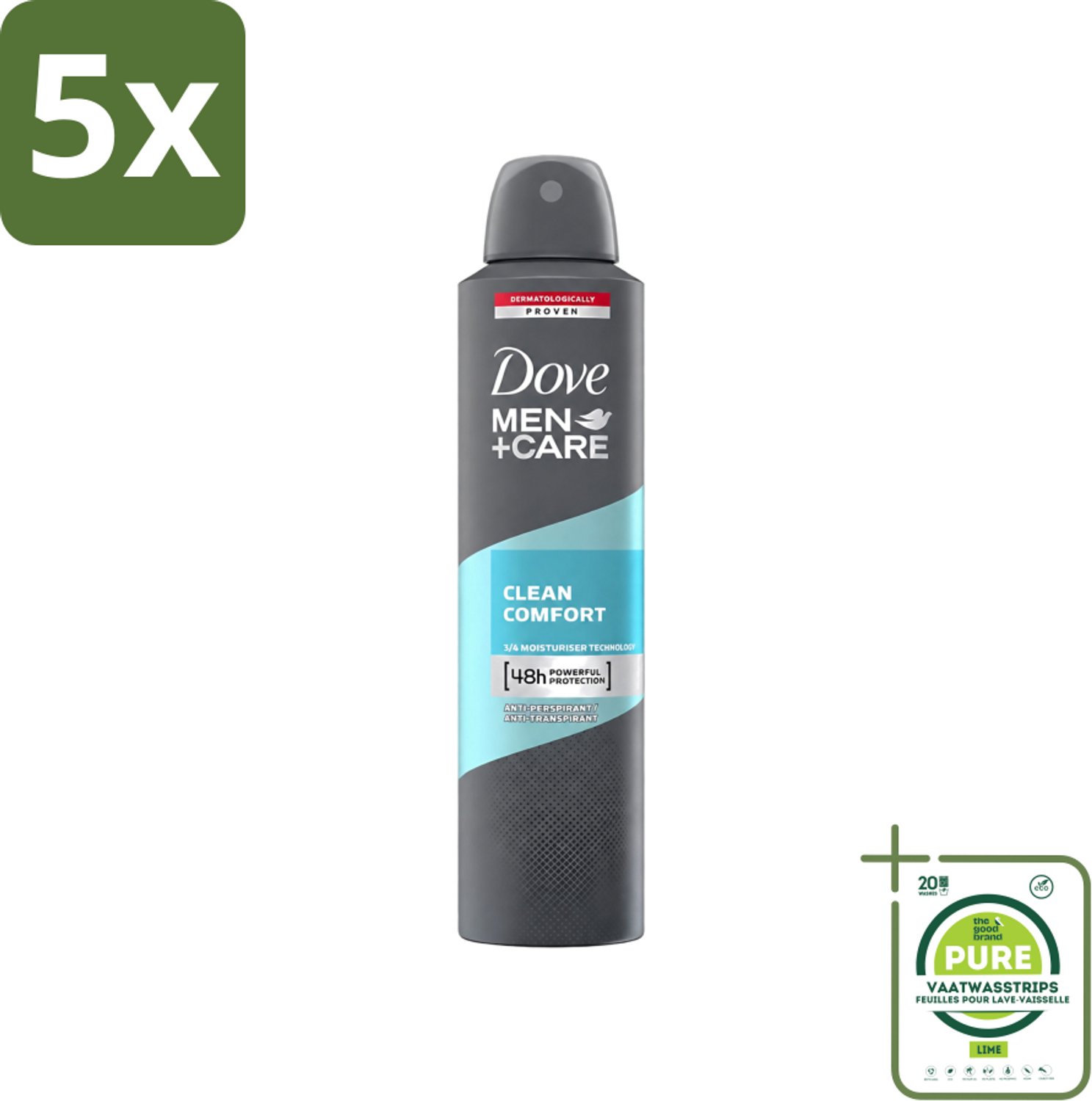 5 x Dove - Deodorant - Men Care Clean Comfort - Comfort en verzorging - 48 uur bescherming - 250 ml - Grootverpakking - Vaatwasstrips - Deodorant Voor Mannen - 48 Uur Bescherming - Zweet En Geur - Huidverzorging - Comfort