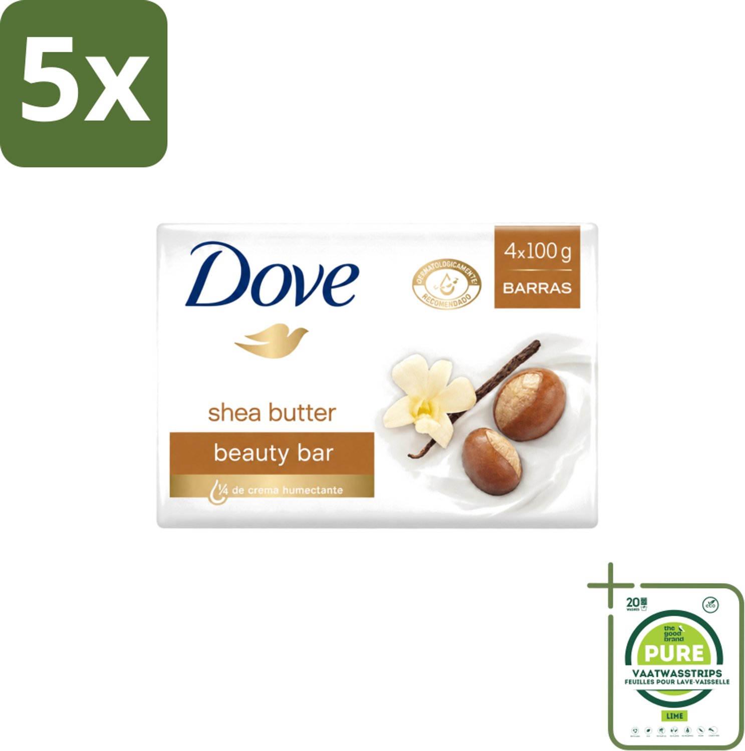 5 x Dove – Zeep – Sheabutter – 4 x 100 g - Grootverpakking - Vaatwasstrips - Zeep Sheabutter - Huid Verzorging - Zachte Huid - Droge Huid - Mild Reinigen