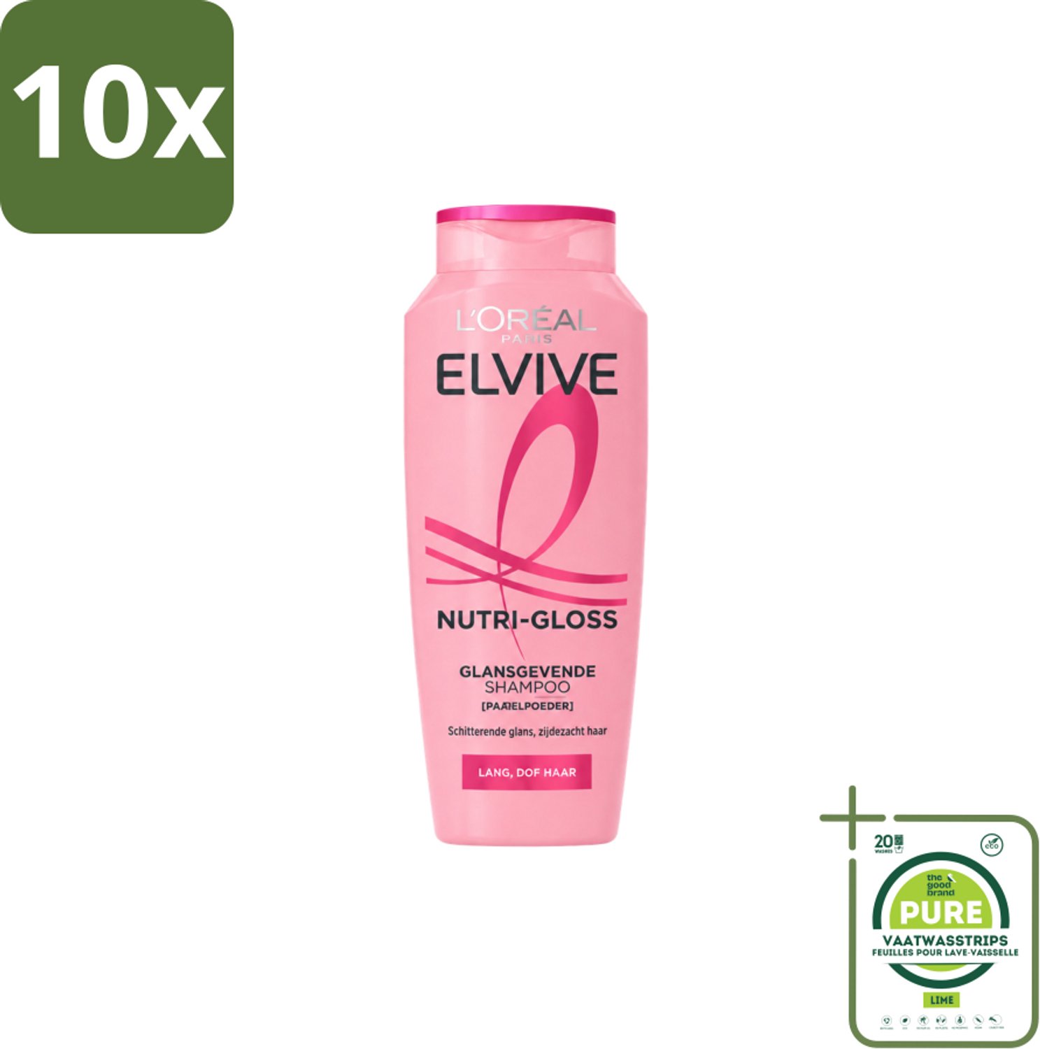 10 x L’Oréal Paris Elvive – Shampoo – Nutri Gloss – 200 ml - Grootverpakking - Vaatwasstrips - Lang Haar - Glans - Zachtheid - Parelpoeder - Haar Verzorgen