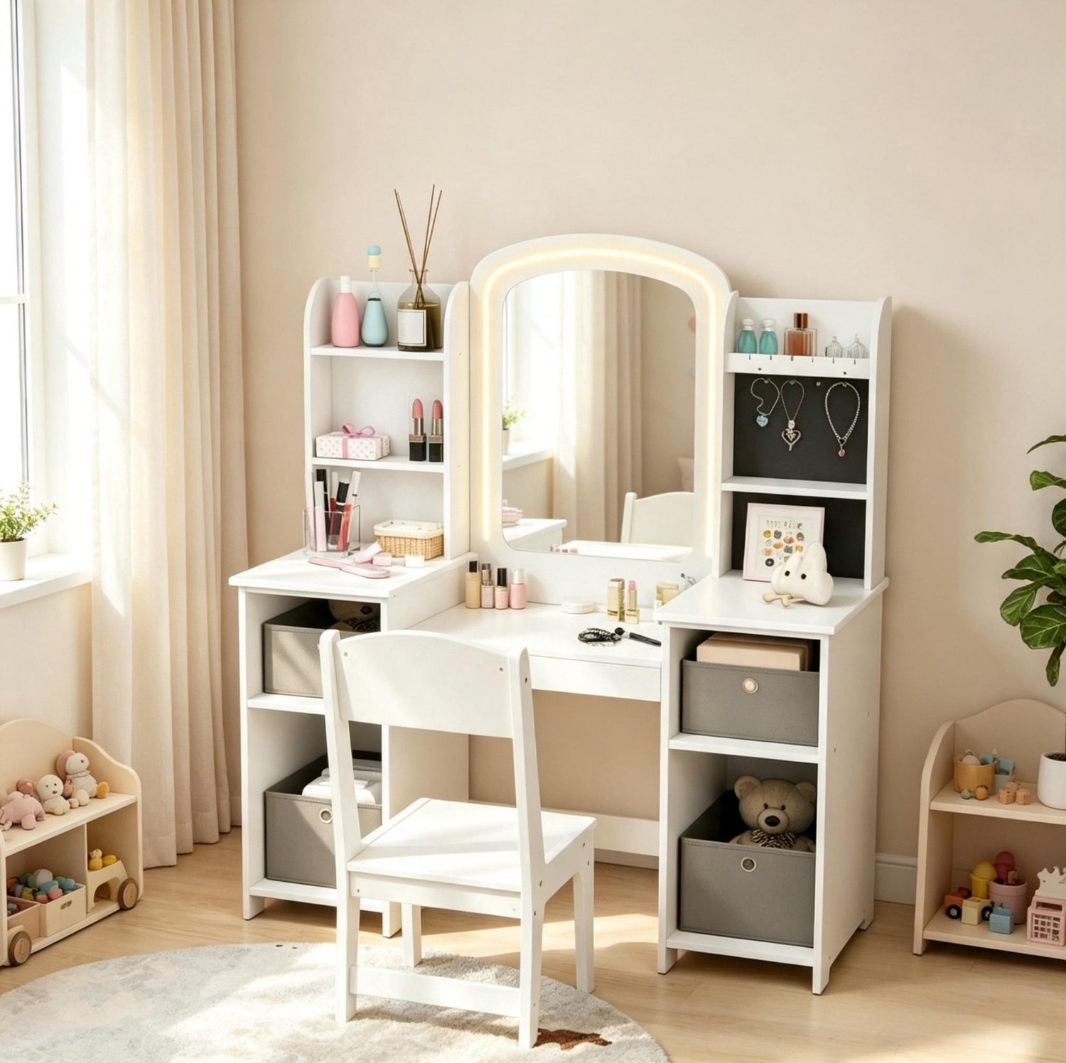 HAUSS SPOLE Kinderkaptafelset - Spiegel Met Ledverlichting En Opbergruimte - Voor Kinderen Van 3 Tot 8 Jaar - Mdf - Wit - 104x40x112 Cm