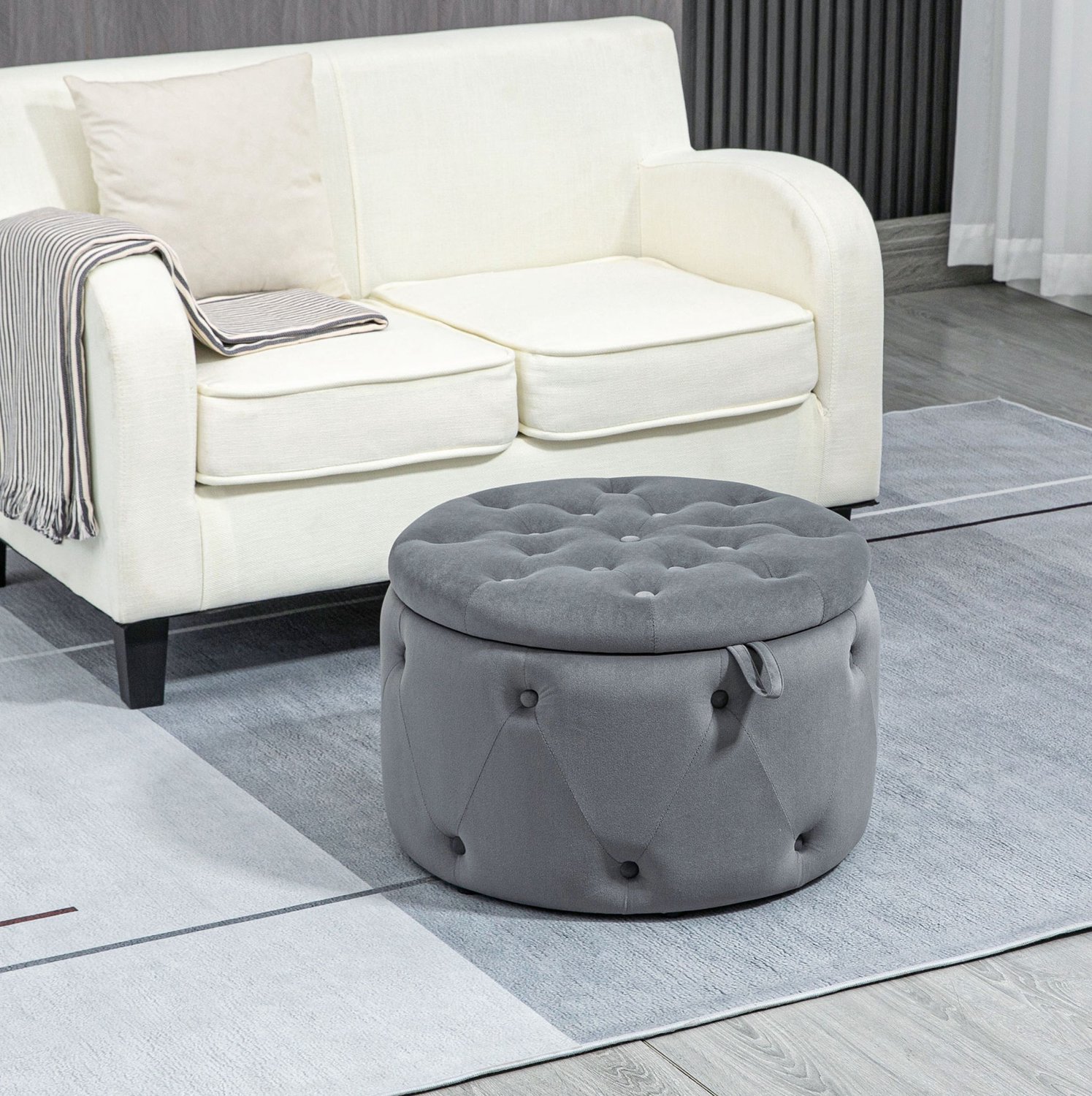 HAUSS SPOLE Ronde Hocker - Zachte Zitting met Verborgen Opbergruimte - Voor Woonkamer en Slaapkamer - Grijs Polyester - Ø60 x 40 cm