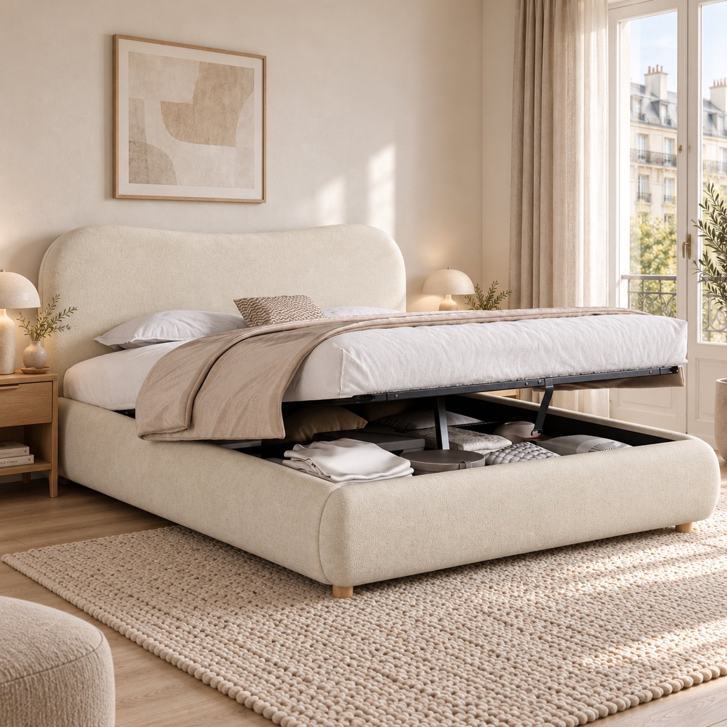HAUSS SPOLE Gestoffeerd Bed 160x200 cm - Tweepersoonsbed met Hydraulische Opbergruimte - Inclusief Lattenbodem - Zonder Matras - Chenille - Beige