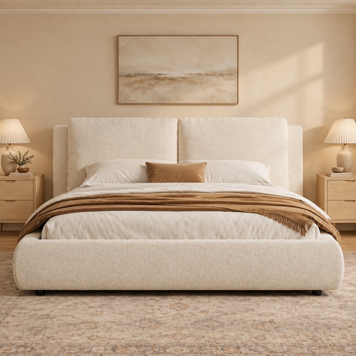 MEUNIQ Gestoffeerd tweepersoonsbed 180 x 200 cm met lattenbodem en 12 cm dik hoofdbord, bekleed met beige boucléstof, voor de slaapkamer