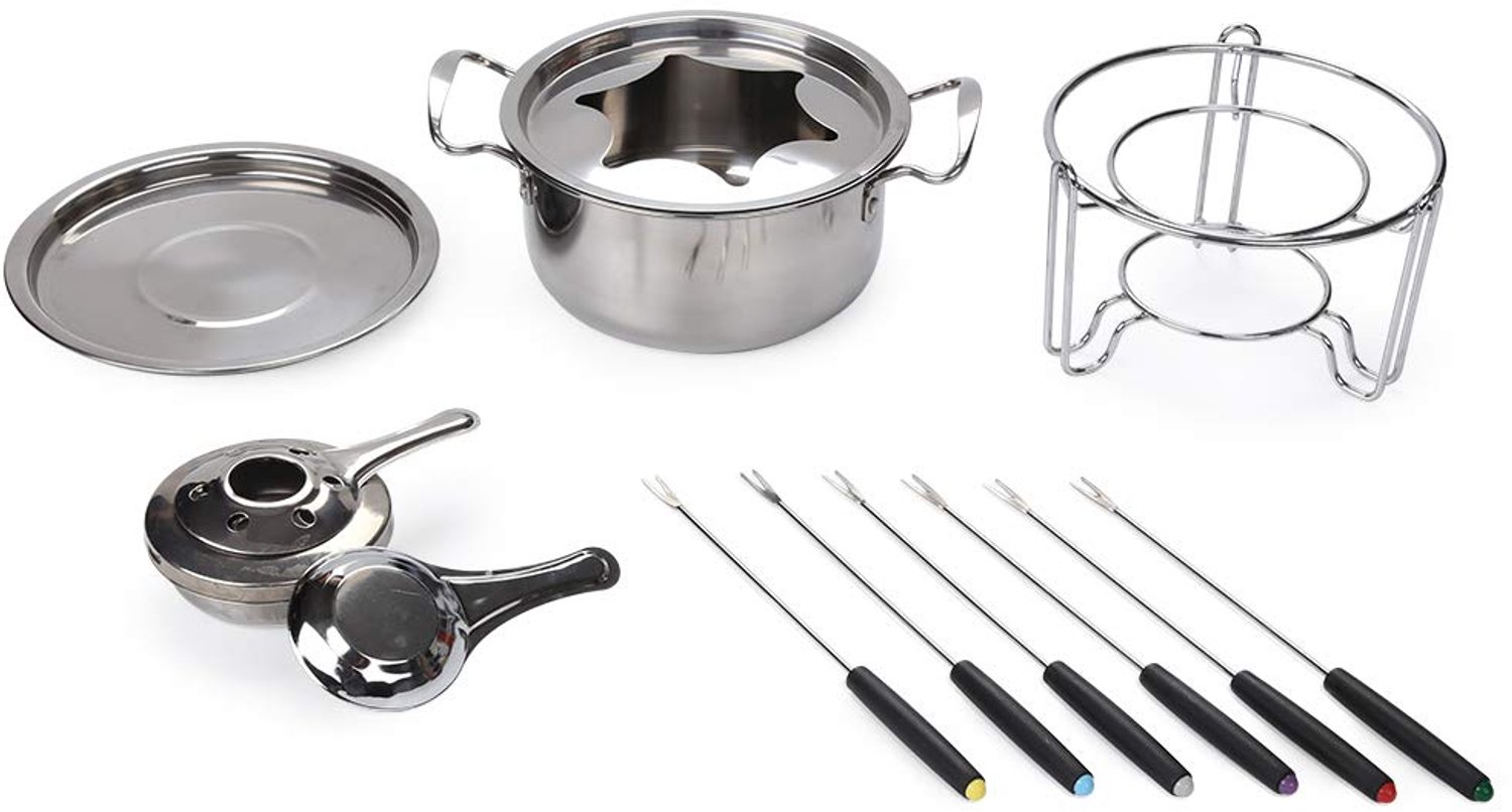 Kaasfondueset voor 6 Personen – RVS Fonduepan – Inclusief Brander, Spatbescherming en 6 Vorken – Zilver – foto 7