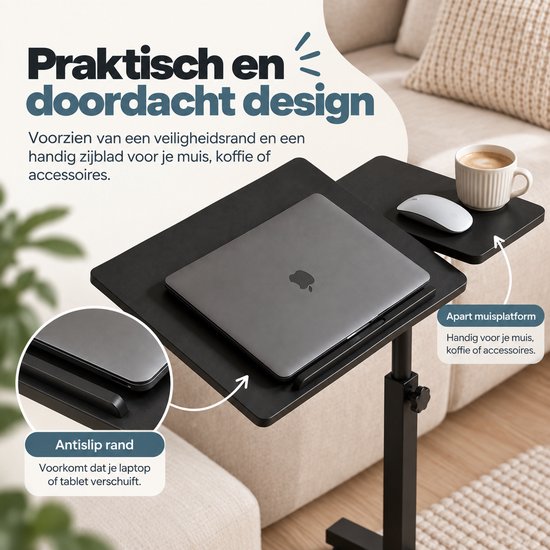 Zwarte laptoptafel met een antisliprand en een apart muisplatform voor comfortabel gebruik.