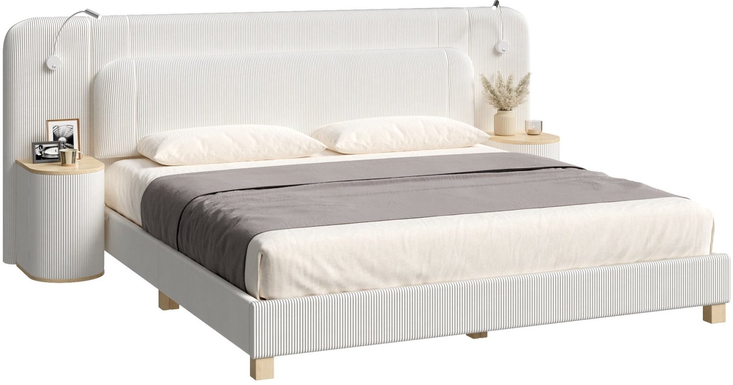 REDOM Gestoffeerd bed 180x200 cm - Met 2 nachtkastjes en LED-verlichting - Beige