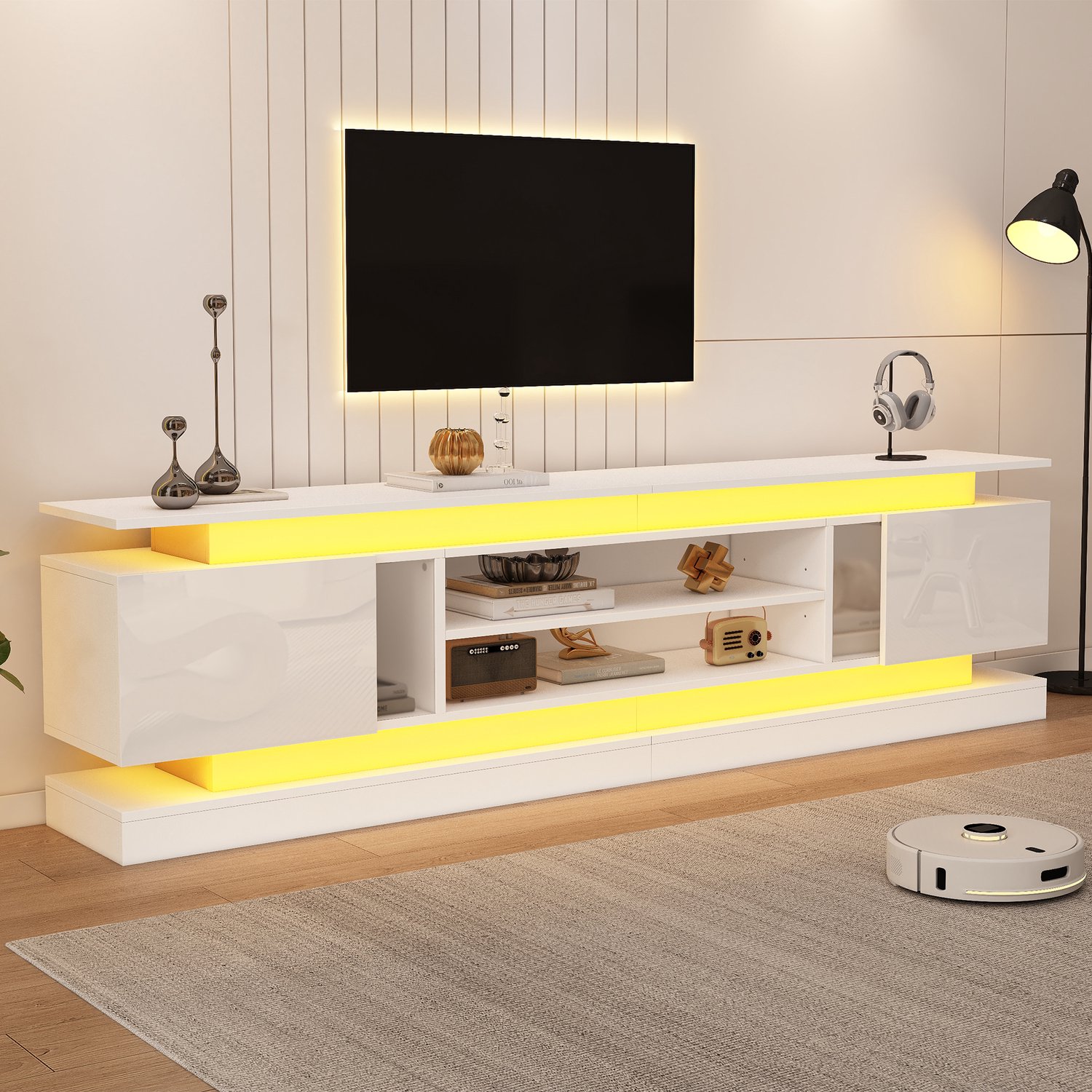 OKWISH Tv-Meubel - 2 Deuren en Verstelbare Plank - Ledverlichting via Bluetooth - Woonkamer - Wit Mdf en Spaanplaat - 180 x 35 x 60 cm
