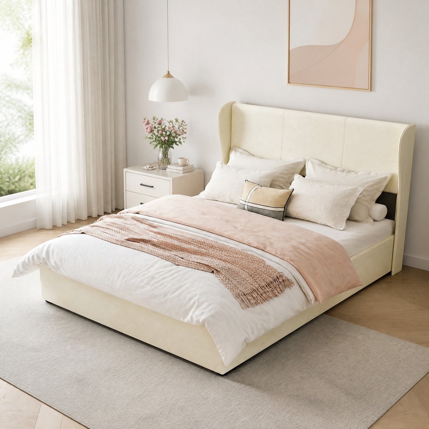 HAUSS SPOLE Gestoffeerd Bed 140x200 cm - Zacht Hoofdbord en Lattenbodem - Opbergruimte met Gasveren voor de Slaapkamer - Zonder matras - Stof - Beige