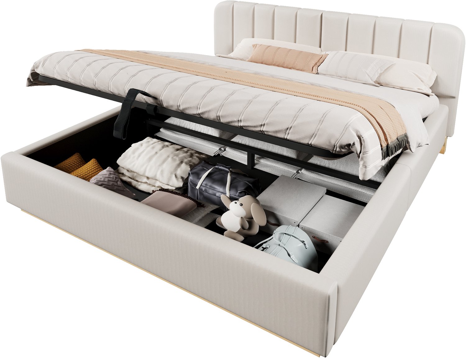 REDOM Gestoffeerd tweepersoonsbed 180x200 cm - Lattenbodem en hydraulische opbergruimte - LED - Beige