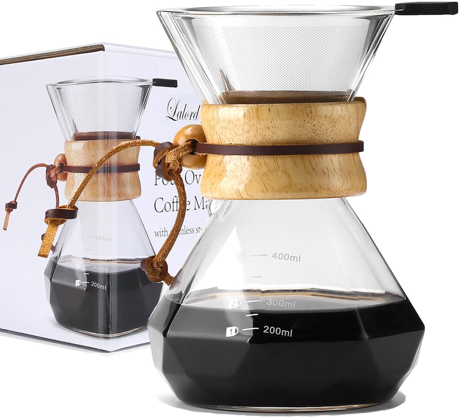 Pour Over Koffiezetapparaat 400 ml met RVS Filter & Borosilicaatglas Karaf - Houten Kraag