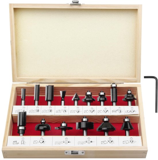Set van 15 diverse freesbits in een houten kist met rode voering en inbussleutel.