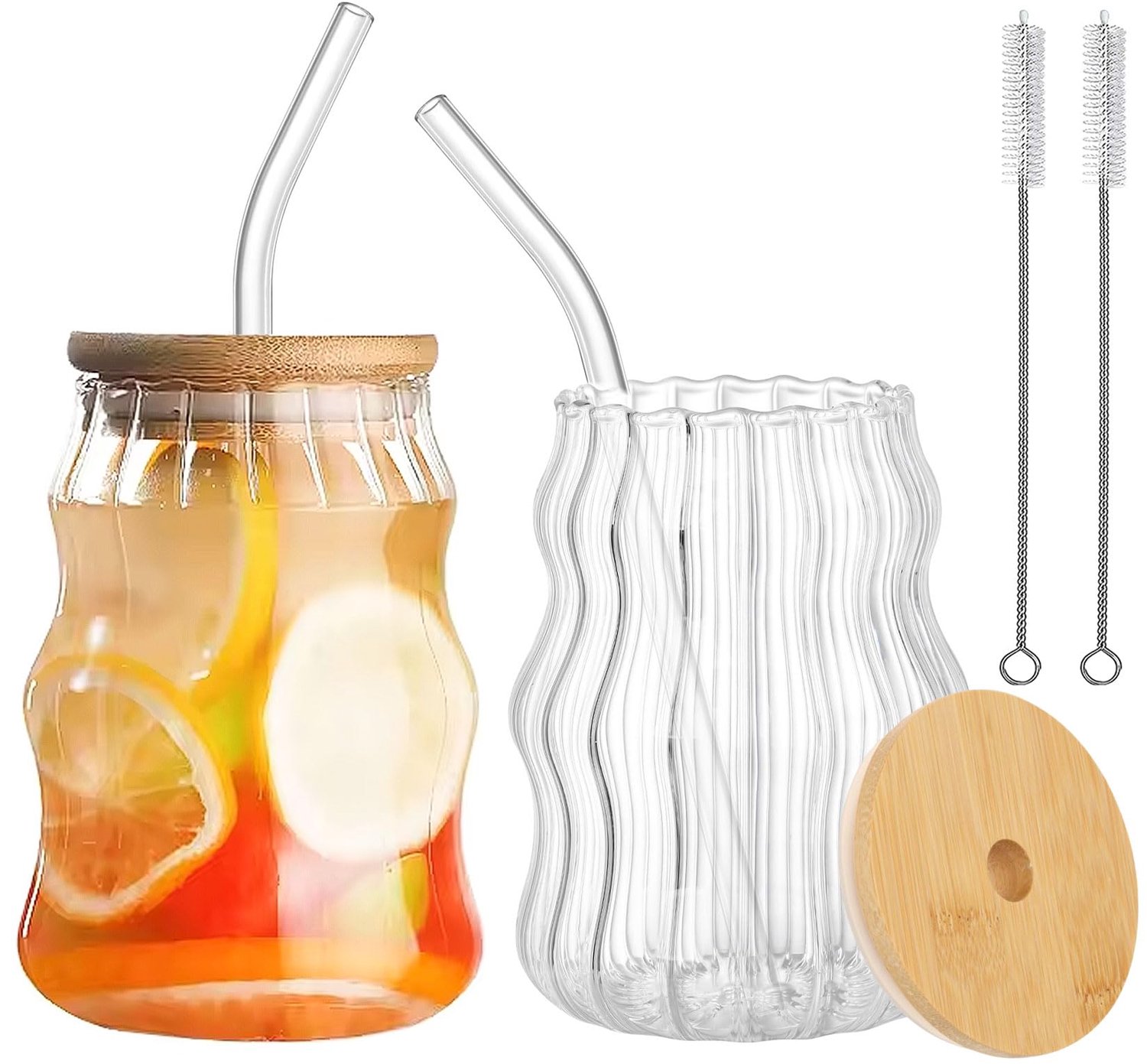 500ml Glazen Bekers met Deksel en Rietje, Set van 2