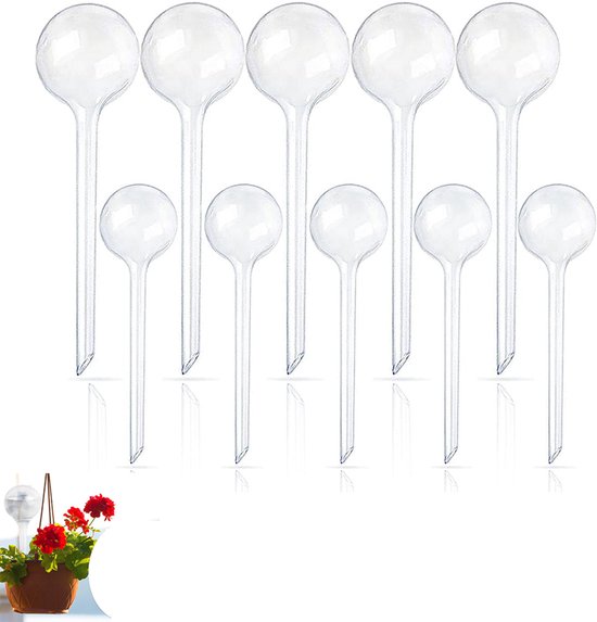 Set van 10 transparante kunststof waterbollen met puntige stelen voor kamer- en hangplanten.