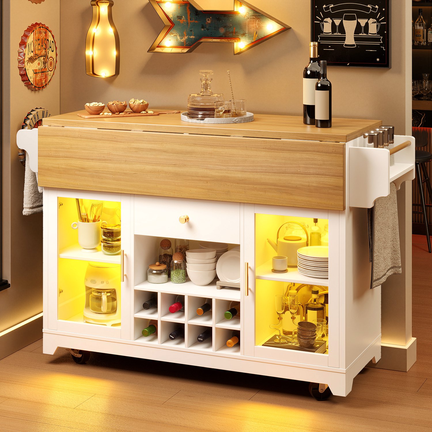 Wishdor Serveerwagen met opklapbare zijbladen - RGB LED-licht met app en timer - Verstelbare legplanken en wijnrek voor 3 flessen - Keuken woonkamer balkon - MDF en metaal - Wit - 120 x 80 x 95 cm