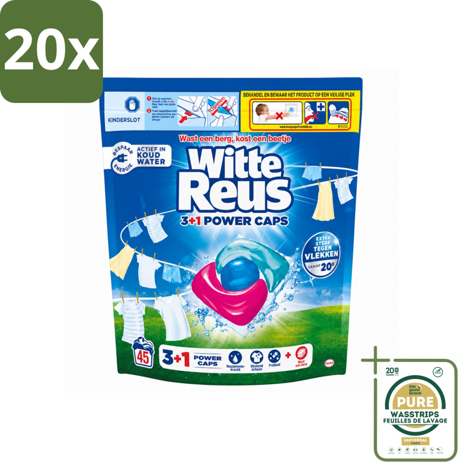 20 x Witte Reus - 3+1 Power Caps - Witte Was - 45 Wasbeurten - Wasstrips - Wasmiddel - Witte Was - Wascapsule - 3-in-1 Wasmiddel - Vlekverwijdering