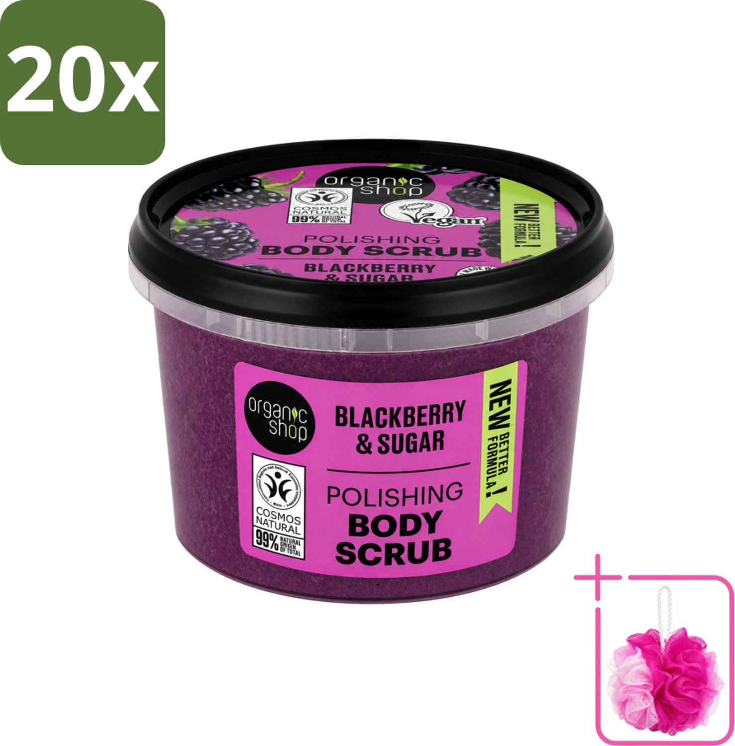 20 x Organic Shop - Body Scrub Blackberry - Verfrissend en Hydraterend - 250 ml - Bulkverpakking - Bodyscrub - Douchemop - Exfoliatie