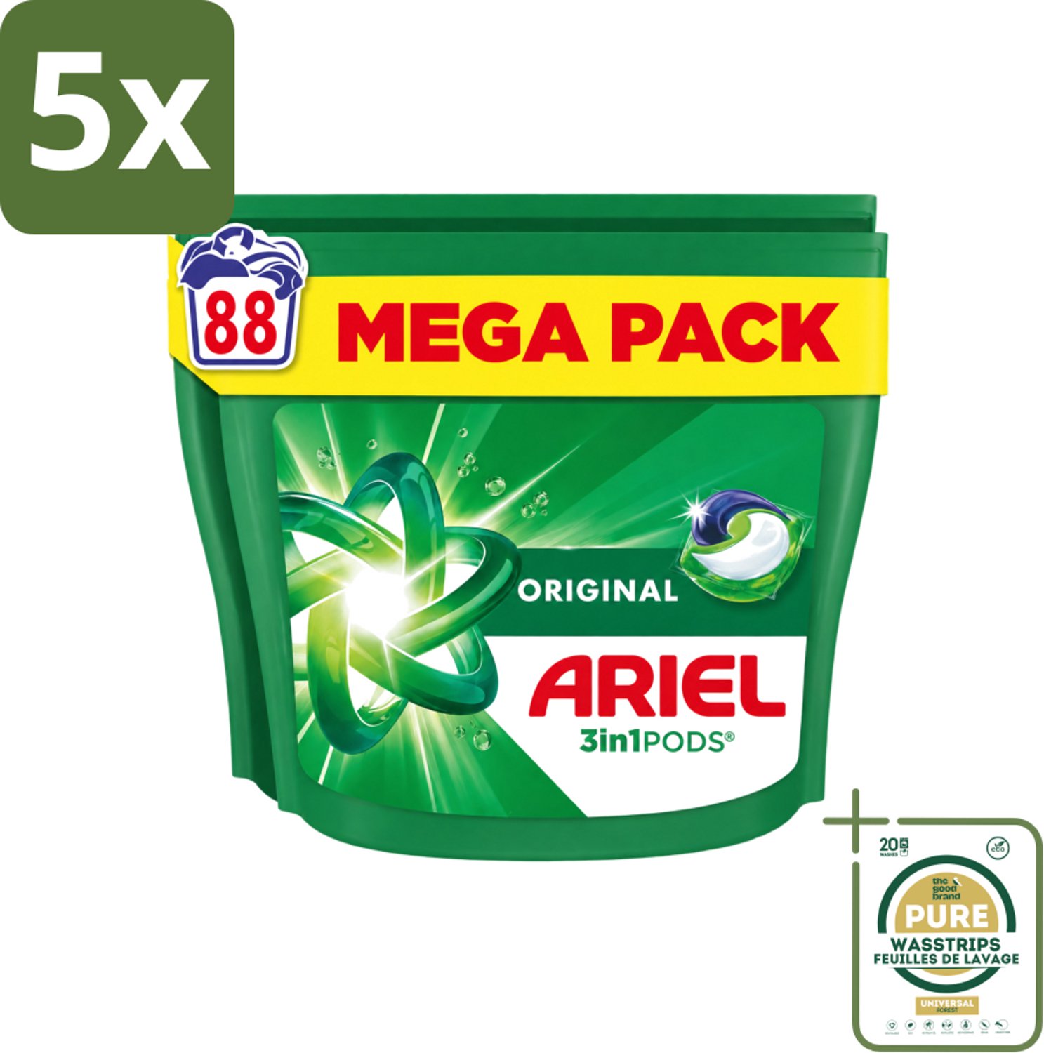5 x Ariel - 3in1 Wasmiddel Pods - Original - 88 Pods - Wasstrips - Ariel 3in1 Wasmiddel - Wasmiddel Pod - Wasmiddel Voor Koud Water - Frisse Geur Wasmiddel - 3-in-1 Wasmiddel