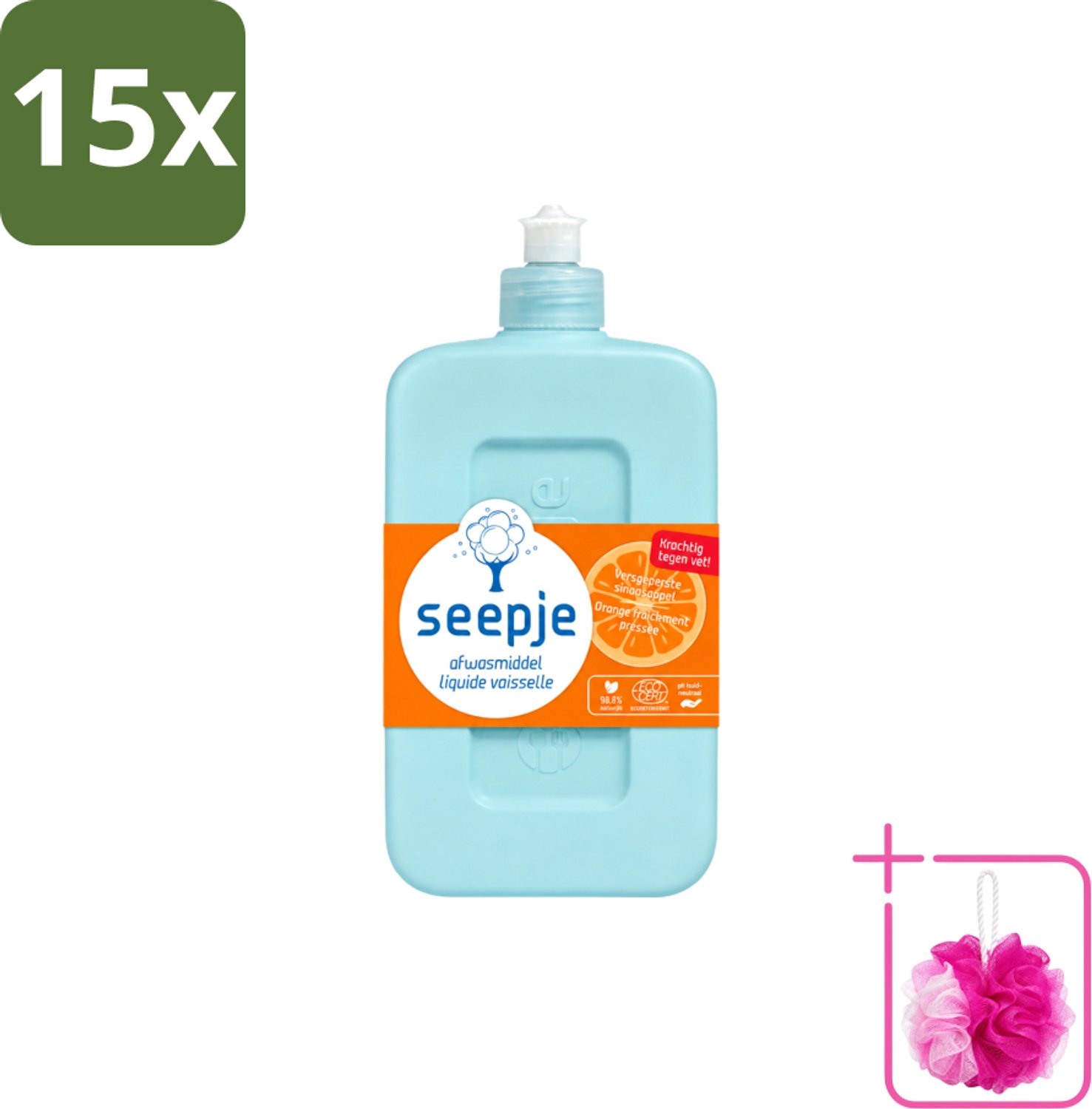 15 x Seepje - Afwasmiddel - Krachtige Reiniging - Versgeperste Sinaasappel Geur - 500 ml - Bulkverpakking - Afwasmiddel - Douchemop - Vaat reinigen
