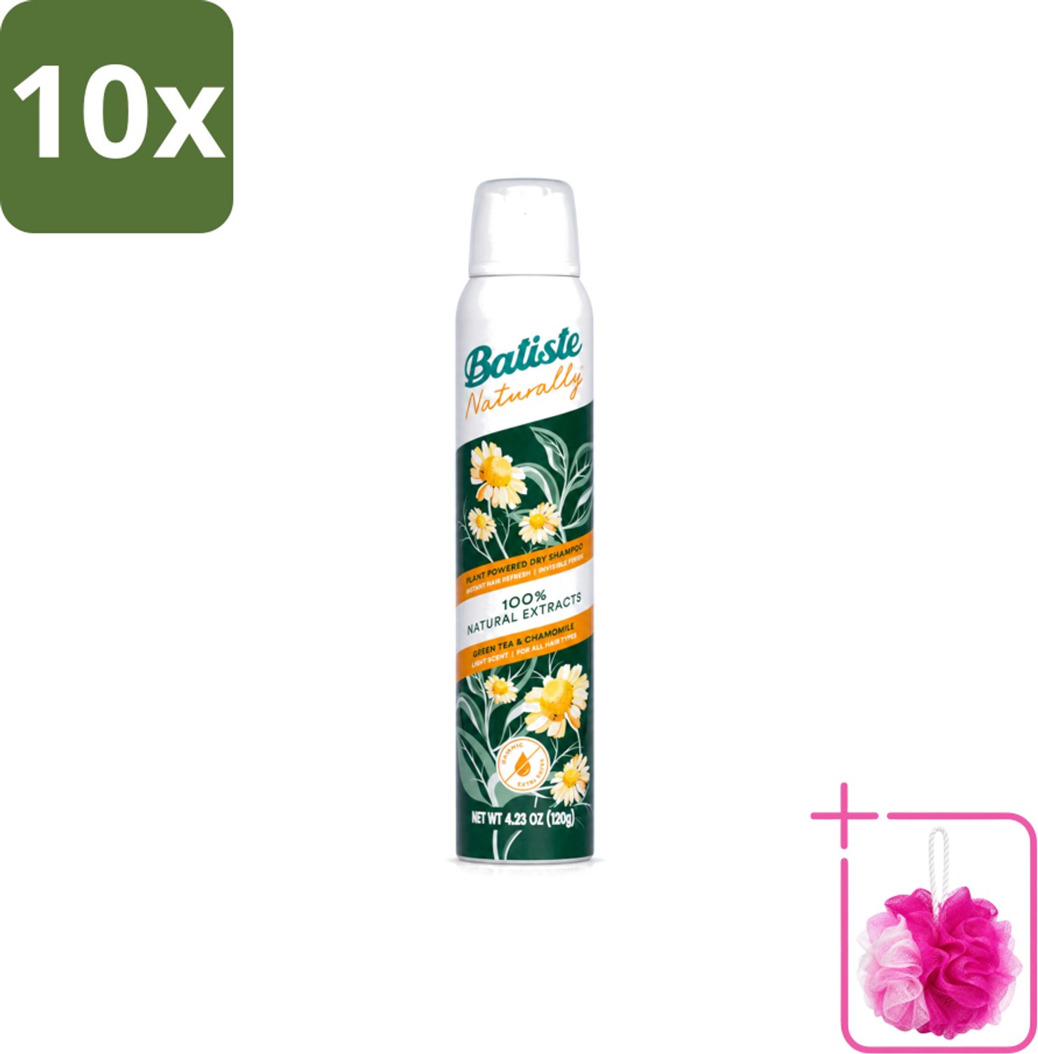 10 x Batiste - Naturally Green Tea & Chamomile - Droogshampoo - 100% Natuurlijke Extracten - Verfrist en Zuivert - 200ml - Bulkverpakking - Natuurlijke haarverzorging - Douchemop - Droogshampoo