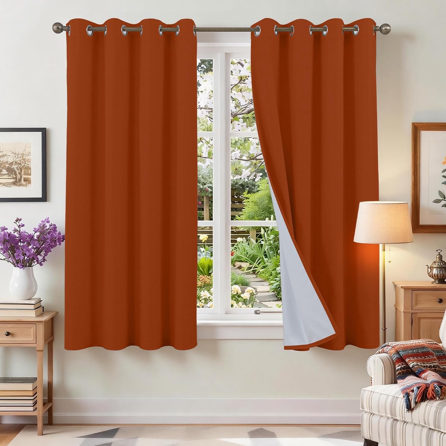 100% verduisteringsgordijn, linnen, warmte-isolerend, 2 stuks, 120 x 140 cm, met oogjes, raam, terracotta, anti-kou, UV, geluid, decoratie voor slaapkamer, woonkamer, verduisteringsgordijnen